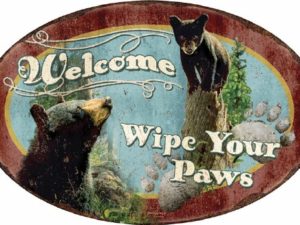 Tin Embossed Welcome Wipe Your Paws Black Bear Lodge Sign