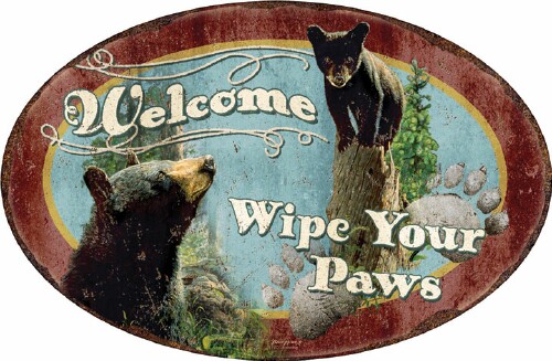 Tin Embossed Welcome Wipe Your Paws Black Bear Lodge Sign, Moose-R-Us.Com Log Cabin Decor