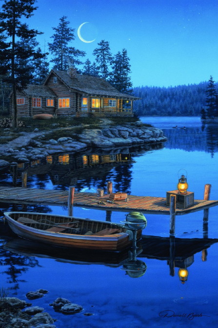 Gallery Wrapped Canvas LED Art Log Cabin Crescent Bay Moon Darrell Bush, Moose-R-Us.Com Log Cabin Decor