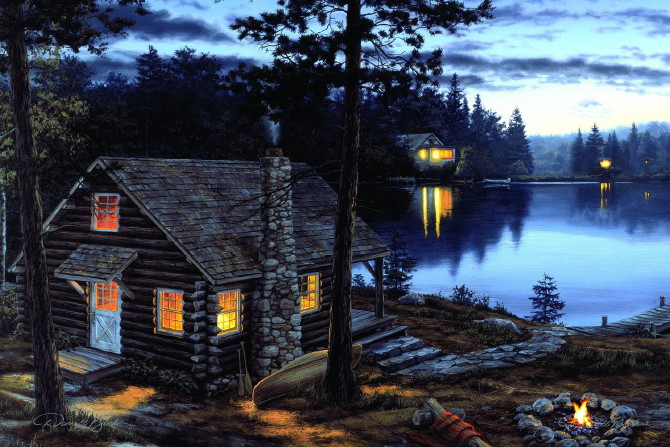Gallery Wrapped Canvas LED Art Log Cabin Life&#8217;s Reward Darrell Bush, Moose-R-Us.Com Log Cabin Decor