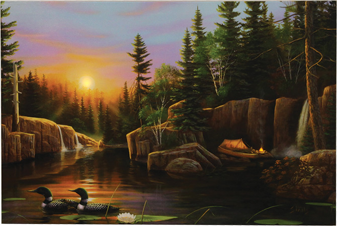 Gallery Wrapped Canvas LED Art Sunset Loons Evening Solitude Kevin Daniel -   Log Cabin Decor