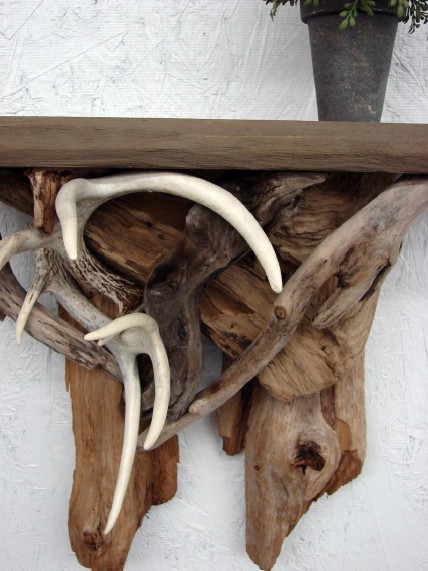 Rustic Driftwood Real Deer Antler Wall Shelf, Moose-R-Us.Com Log Cabin Decor