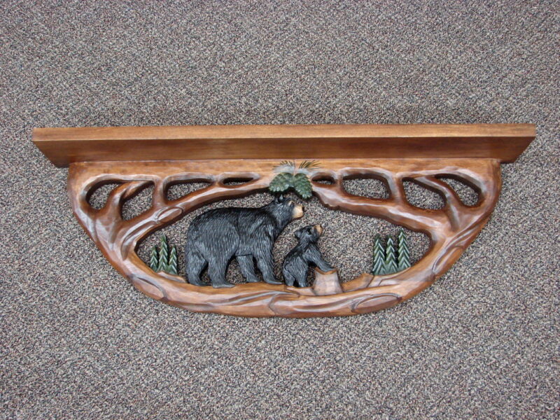 Intarsia Wood Carving Black Bear and Cub Carved Large Wall Shelf, Moose-R-Us.Com Log Cabin Decor
