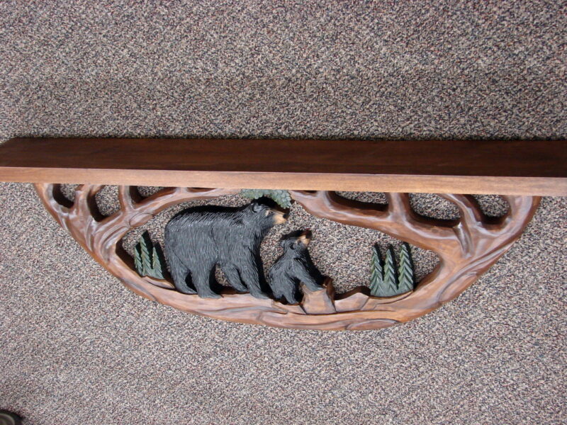 Intarsia Wood Carving Black Bear and Cub Carved Large Wall Shelf, Moose-R-Us.Com Log Cabin Decor