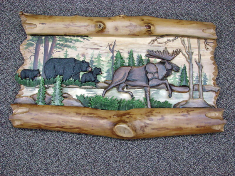 Moose and Bear in Forest 38-42&#8243; Intarsia Wood Carving Natural Wood Wall Art Picture, Moose-R-Us.Com Log Cabin Decor