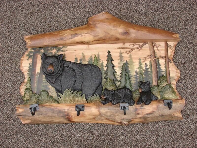 Intarsia Wood Carving Black Bear Family Wall Decor Carved Coat Rack, Moose-R-Us.Com Log Cabin Decor