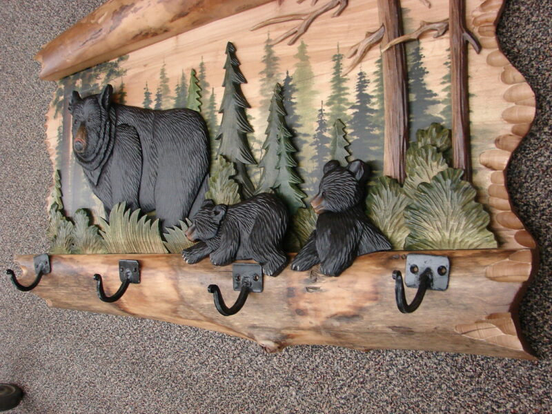 Intarsia Wood Carving Black Bear Family Wall Decor Carved Coat Rack, Moose-R-Us.Com Log Cabin Decor