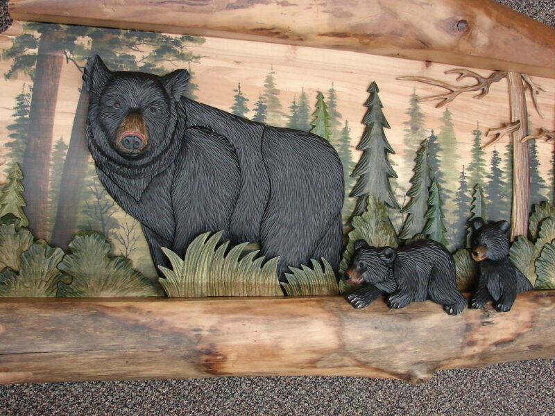 Intarsia Wood Carving Black Bear Family Wall Decor Carved Coat Rack, Moose-R-Us.Com Log Cabin Decor