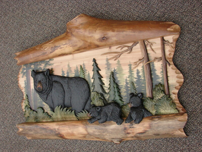 Intarsia Wood Carving Black Bear Family Wall Decor Carved Coat Rack, Moose-R-Us.Com Log Cabin Decor