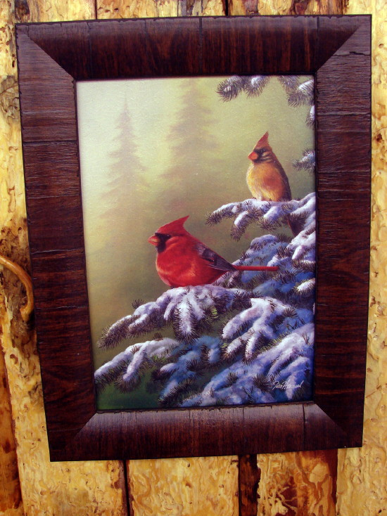 Jim Hansel Framed Matted Artwork Winter Refuge Cardinals, Moose-R-Us.Com Log Cabin Decor