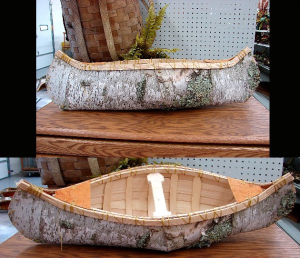 MN Ojibwe Birch Bark Cedar Lined Canoe 3 Foot White Log Cabin Decor