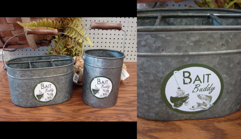 Retro Tin Bait Buddy Utensil Silverware Flatware Caddy Crock, Moose-R-Us.Com Log Cabin Decor