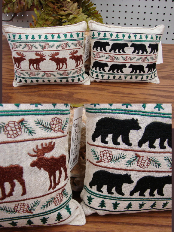 USA Made Fresh Balsam Filled Embroidered Moose Bear Pine Cone Tree Sachet Pillow, Moose-R-Us.Com Log Cabin Decor