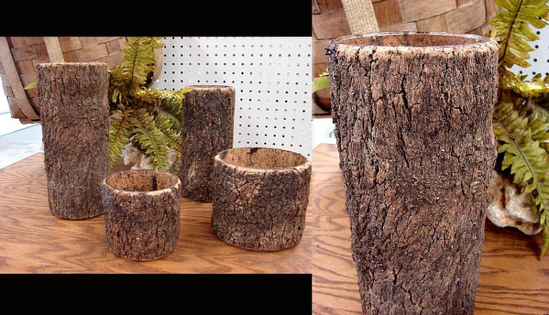 Rustic Real Bark Waterproof Glass Vase Centerpiece Bowl, Moose-R-Us.Com Antiques Collectibles Log Cabin Decor