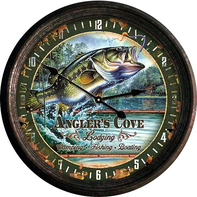 Rustic Tin Clocks Oversized Anglers Cove Bass Fishing Boating Wall Clock, Moose-R-Us.Com Log Cabin Decor