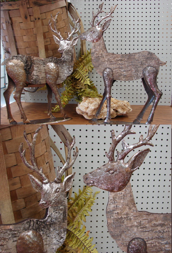 Birch Bark Antiqued Silver Metal Stag Deer Mantel Shelf Figurine, Moose-R-Us.Com Log Cabin Decor