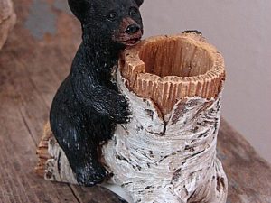 Black Bear Birch Bark Log Stump Toothpick Holder