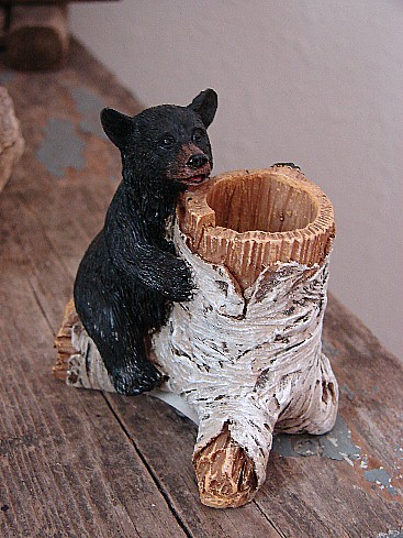 Black Bear Birch Bark Log Stump Toothpick Holder, Moose-R-Us.Com Log Cabin Decor