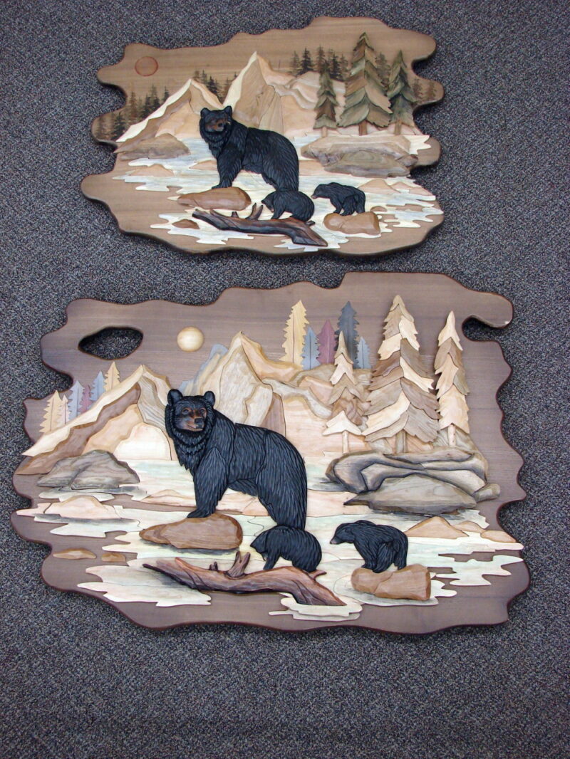 Intarsia Wood Art Black Bear Family in River Solid Natural Wood Wall Decor, Moose-R-Us.Com Log Cabin Decor