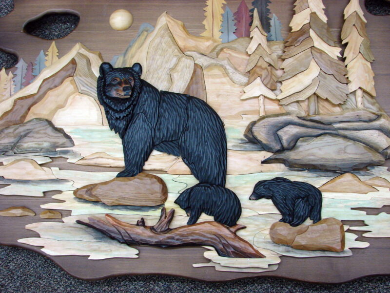 Intarsia Wood Art Black Bear Family in River Solid Natural Wood Wall Decor, Moose-R-Us.Com Log Cabin Decor