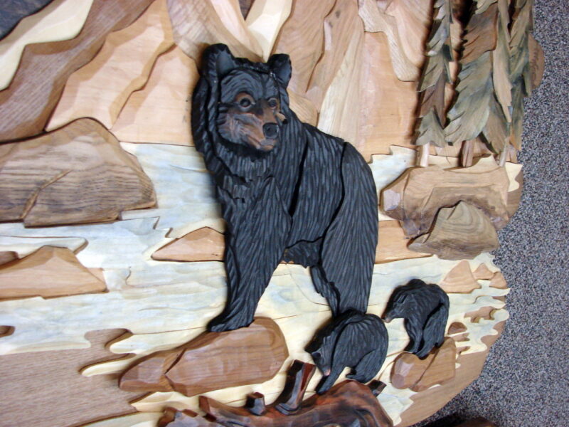 Intarsia Wood Art Black Bear Family in River Solid Natural Wood Wall Decor, Moose-R-Us.Com Log Cabin Decor
