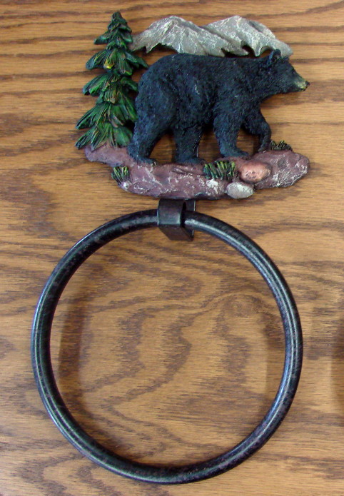 Detailed Resin Black Bear Towel Ring Rustic Lodge Bathroom Kitchen, Moose-R-Us.Com Log Cabin Decor