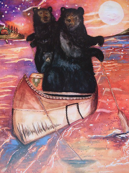 Bicknell Print Whimsical Bears Boating Birch Bark Canoe Skijoring Skiers, Moose-R-Us.Com Log Cabin Decor