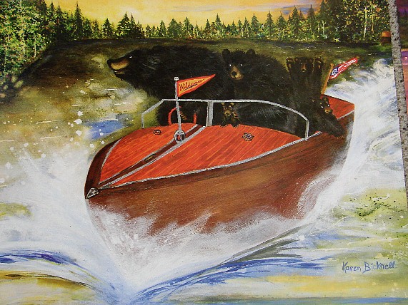 Bicknell Print Whimsical Bears Boating Birch Bark Canoe Skijoring Skiers, Moose-R-Us.Com Log Cabin Decor