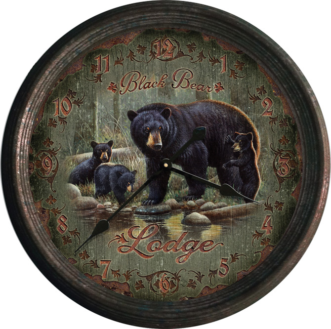 Rustic Tin Clocks Oversized Wall Clock Black Bear Lodge, Moose-R-Us.Com Log Cabin Decor
