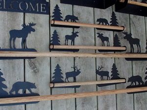 Rustic Black Iron Bathroom Kitchen Towel Bar Oak Rack Moose Bear Elk
