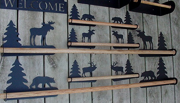 Rustic Black Iron Bathroom Kitchen Towel Bar Oak Rack Moose Bear Elk, Moose-R-Us.Com Log Cabin Decor