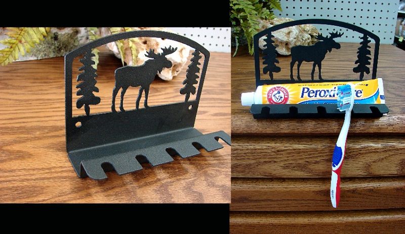 Rustic Black Iron Moose Bear Toothbrush Toothpaste Holder, Moose-R-Us.Com Log Cabin Decor