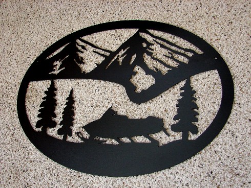 Large Black Iron Oval Snowmobile Mountain Scene Wall Hanger, Moose-R-Us.Com Log Cabin Decor
