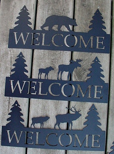 Rustic Black Iron Welcome Sign Bear Elk Moose, Moose-R-Us.Com Log Cabin Decor