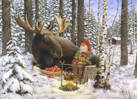 Scandinavian Tomte Gnome Print Horse Moose Winter Artwork Poster, Moose-R-Us.Com Log Cabin Decor
