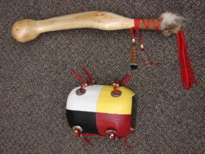 Authentic Native American Indian Cedar Knot Pow Wow Dance Shield and Shaft Set