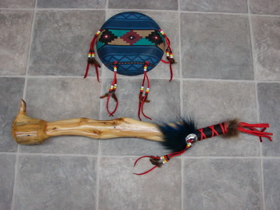 Authentic Native American Indian Cedar Dance Shaft and Southwest Patterned Shield, Moose-R-Us.Com Log Cabin Decor