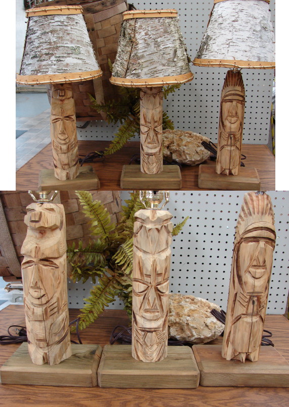 Native American Hand Carved Wood Totem Lamp, Moose-R-Us.Com Log Cabin Decor