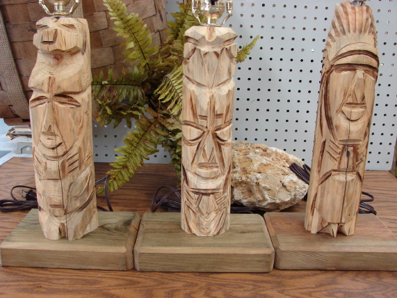 Native American Hand Carved Wood Totem Lamp, Moose-R-Us.Com Log Cabin Decor