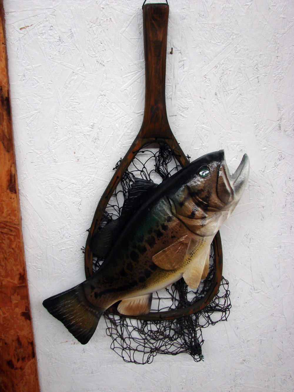 Casey Edwards Hand Carved Wood Bass in Fishing Net Fish Cabin