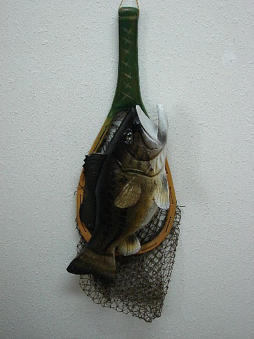 Casey Edwards Hand Carved Wood Bass in Fishing Net, Moose-R-Us.Com Log Cabin Decor
