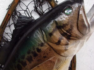 Casey Edwards Hand Carved Wood Bass in Fishing Net Fish Cabin Decor