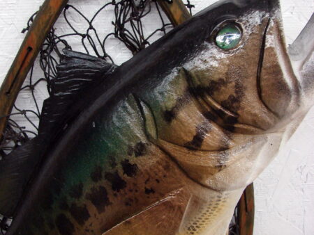 Casey Edwards Hand Carved Wood Bass in Fishing Net Fish Cabin Decor