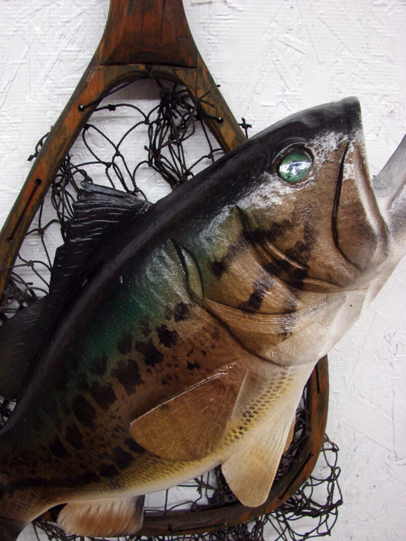 Casey Edwards Hand Carved Wood Bass in Fishing Net Fish Cabin Decor, Moose-R-Us.Com Log Cabin Decor