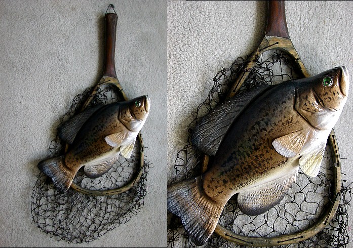 Casey Edwards Hand Carved Trophy Crappie in Fishing Net, Moose-R-Us.Com Log Cabin Decor
