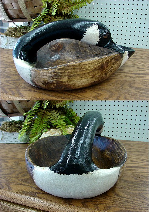 Folk Art Hand Wood Carved Waterfowl Loon Bowl Casey Edward Cabin Decor, Moose-R-Us.Com Log Cabin Decor