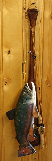 Wood Carving Brook Trout on Paddle Antique Fishing Pole, Moose-R-Us.Com Log Cabin Decor