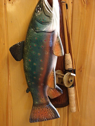 Wood Carving Brook Trout on Paddle Antique Fishing Pole, Moose-R-Us.Com Log Cabin Decor