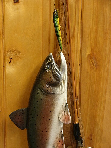 Casey Edwards Wood Carving Rainbow Trout Decoy on Paddle, Moose-R-Us.Com Log Cabin Decor