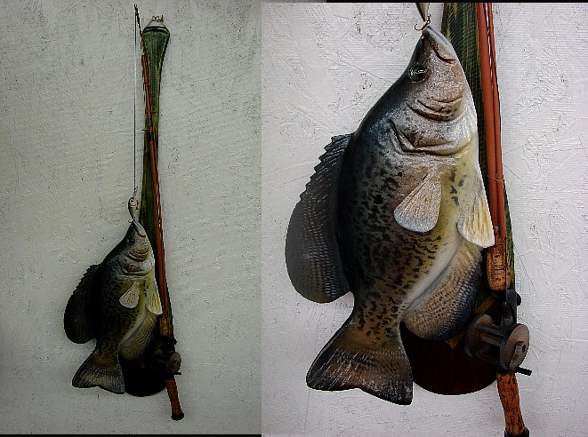 Casey Edwards Hand Carved Wood Crappie on Antique Painted Canoe Paddle Fishing Pole, Moose-R-Us.Com Log Cabin Decor